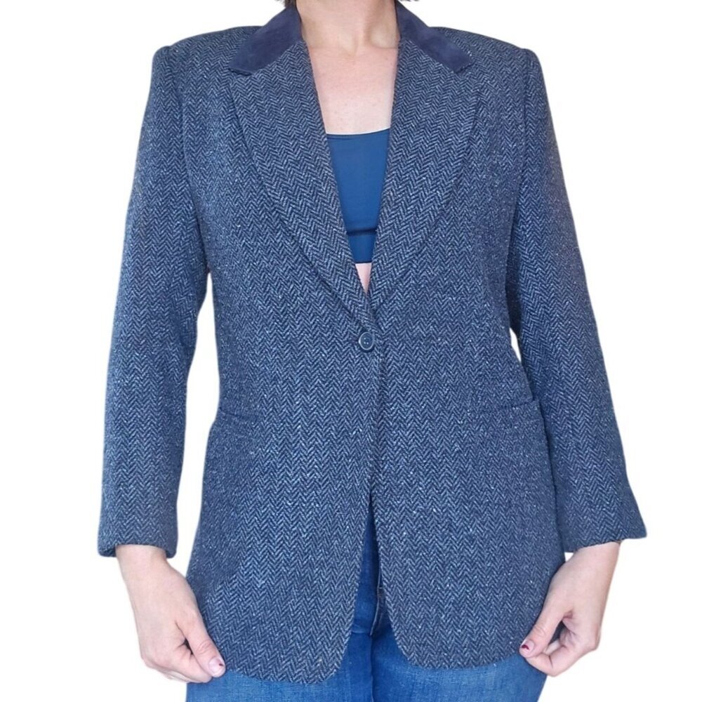 Vintage 90s White Stag Herringbone Blue Grey Blazer Pig Suede Collar Women's 10